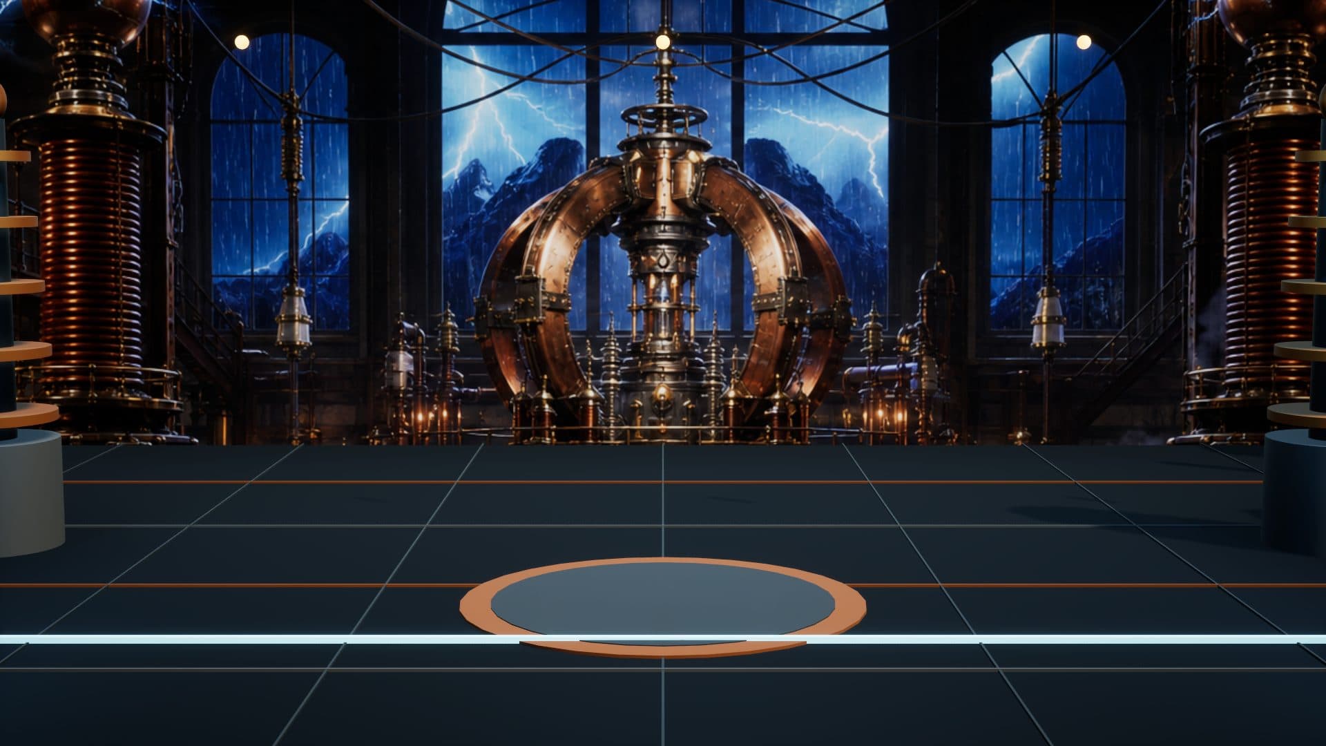 Tesla's Coil arena: a copper ring transmitter under storm-lit arched windows, work in progress