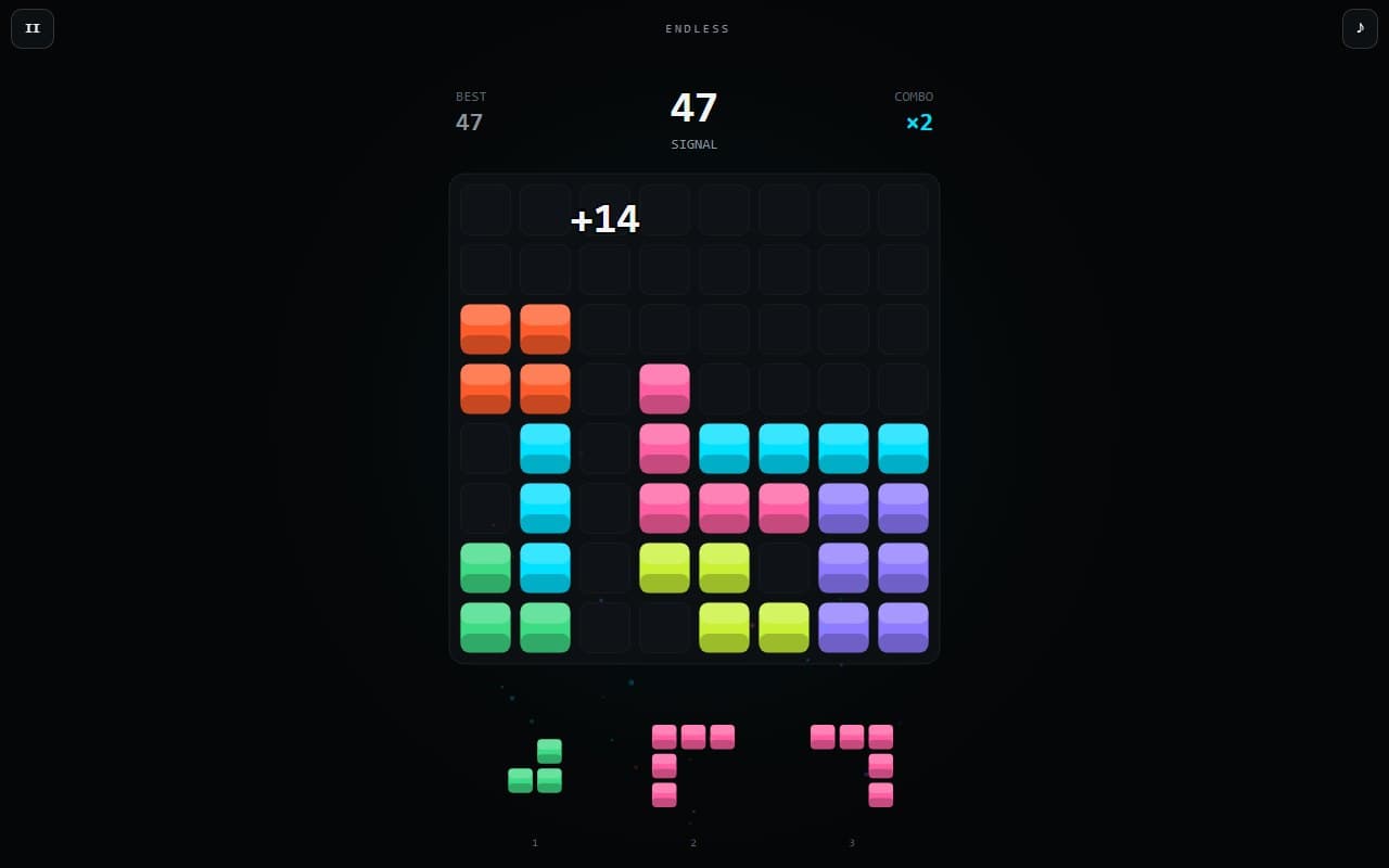 NOISEFLOOR on a wide screen: an 8×8 grid mid-run with a +14 floater, three pieces waiting in the tray