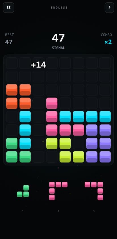 NOISEFLOOR on a phone: score 47 with a ×2 combo, colourful pieces stacked on the lower half of the grid