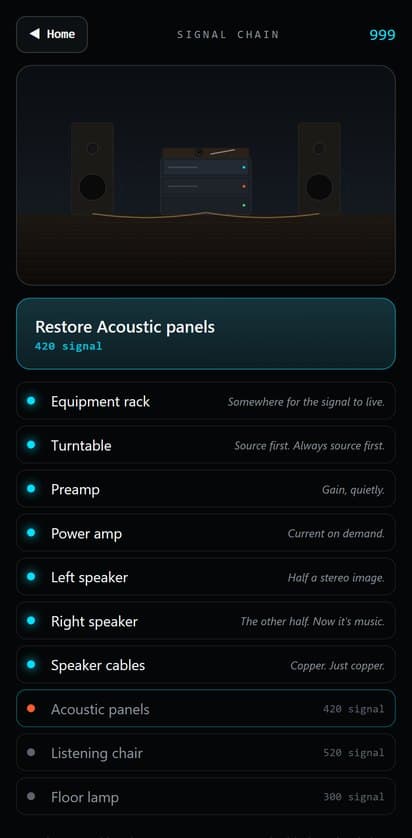 The Signal Chain screen: a listening room with a rack, turntable, two speakers and cables restored, and acoustic panels next