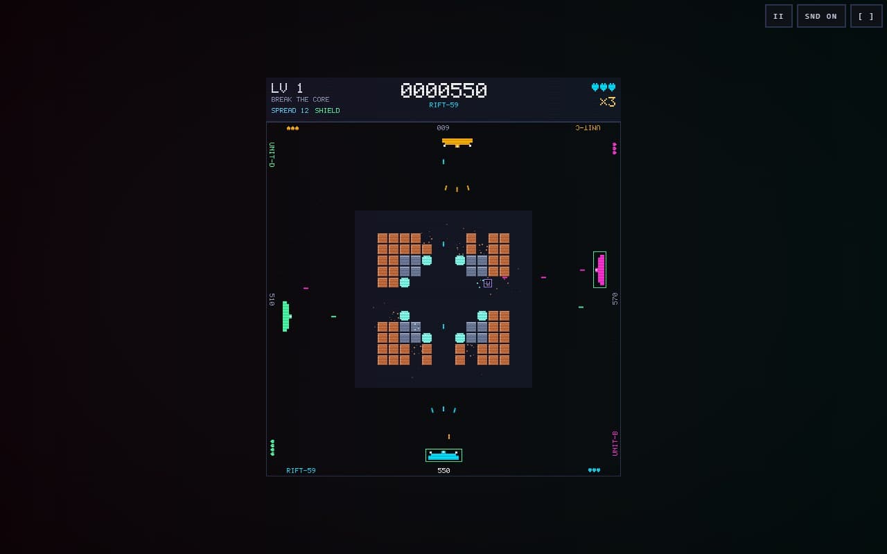 QUADRAPHONIC on a wide screen: four decks on the four edges of a square arena, a brick core in the middle with steel and crystal blocks, spread shots and a drop in flight