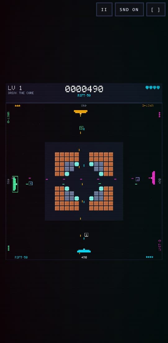 QUADRAPHONIC on a phone in portrait: the HUD strip above the square arena, a power-up drop heading for the bottom deck