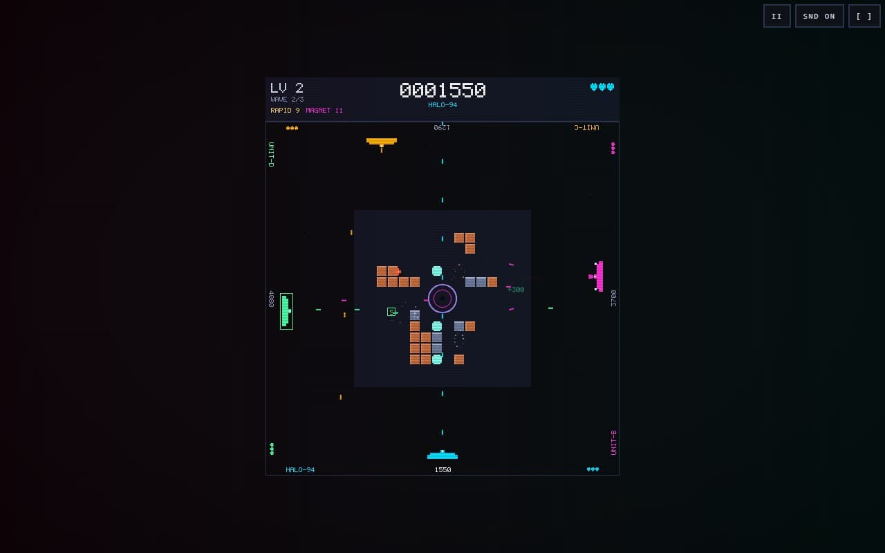 Level 2: the core half broken, the portal open at the centre, invaders and a +300 floater, wave 2 of 3