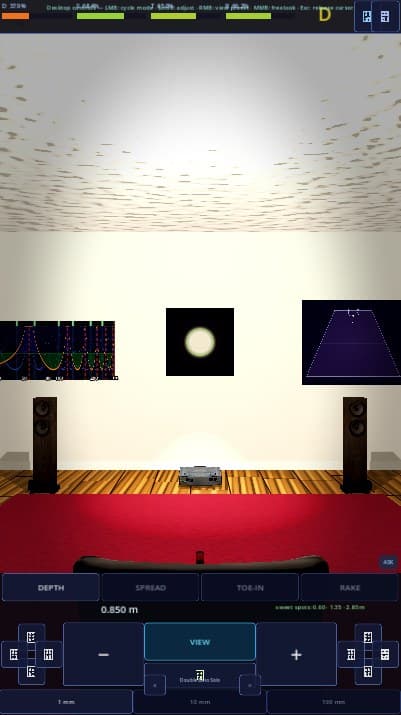 Room 1, the Listening Room: a stereo pair on a wooden floor with the depth HUD open and the D/S/T/R score bar at the top