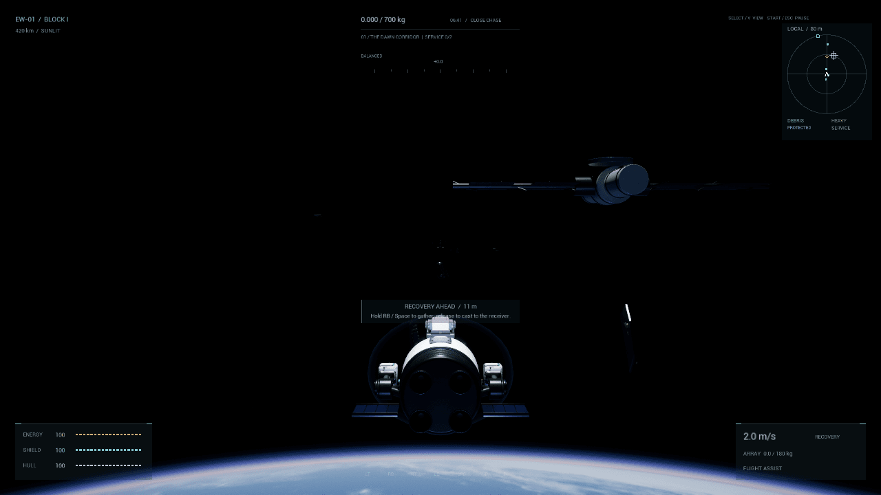 Earthward recovery vessel and a supply station above Earth's blue horizon