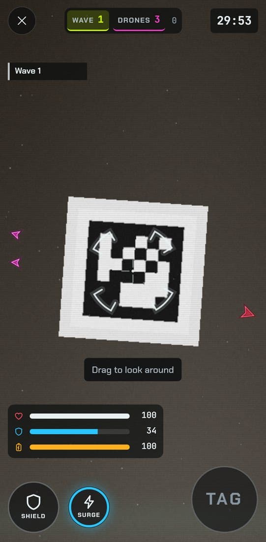 Arcade: neon drones circling in the camera, wave 1, with an off-screen drone indicator