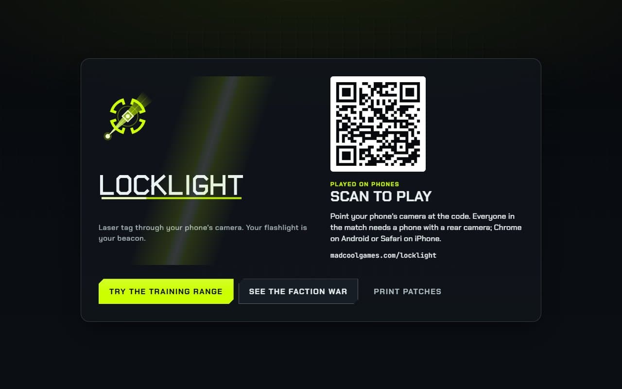 LOCKLIGHT on a desktop: the emblem, a QR code to open it on a phone, and buttons for the Training range and the Faction War