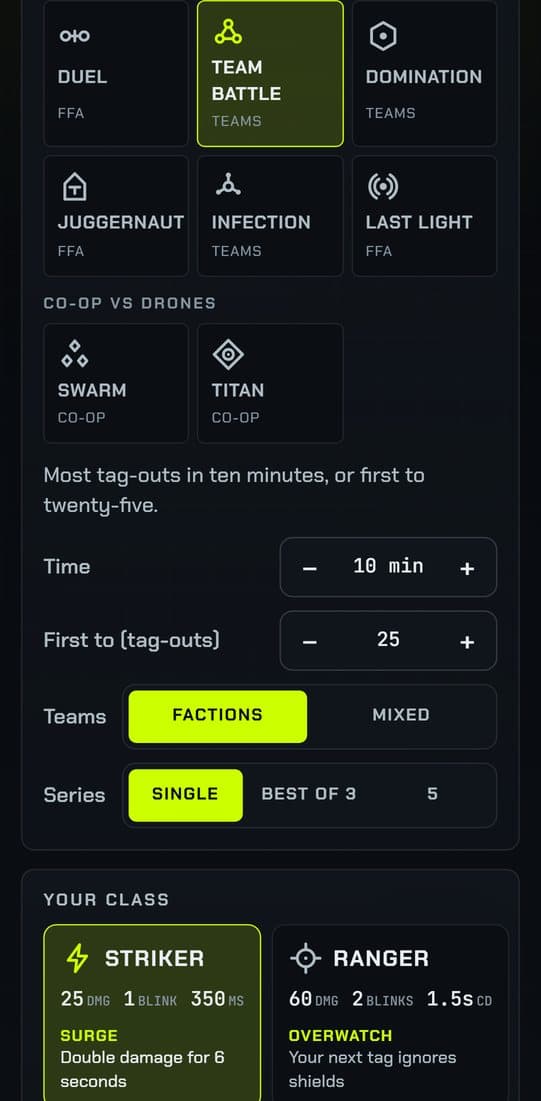 The lobby: mode cards for Duel, Team Battle, Domination, Juggernaut, Infection, Last Light, Swarm and Titan, match settings and class cards