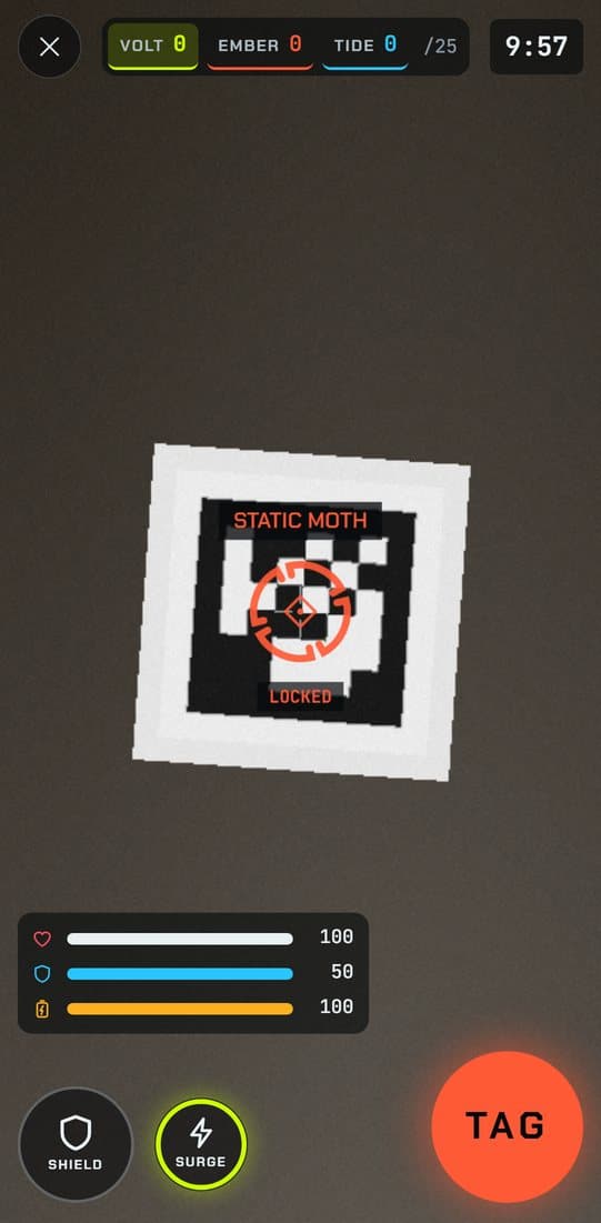 LOCKLIGHT's match screen: the reticle locked on a player called Static Moth, the TAG button flooded orange, health, shield and power bars, and the VOLT, EMBER and TIDE scores