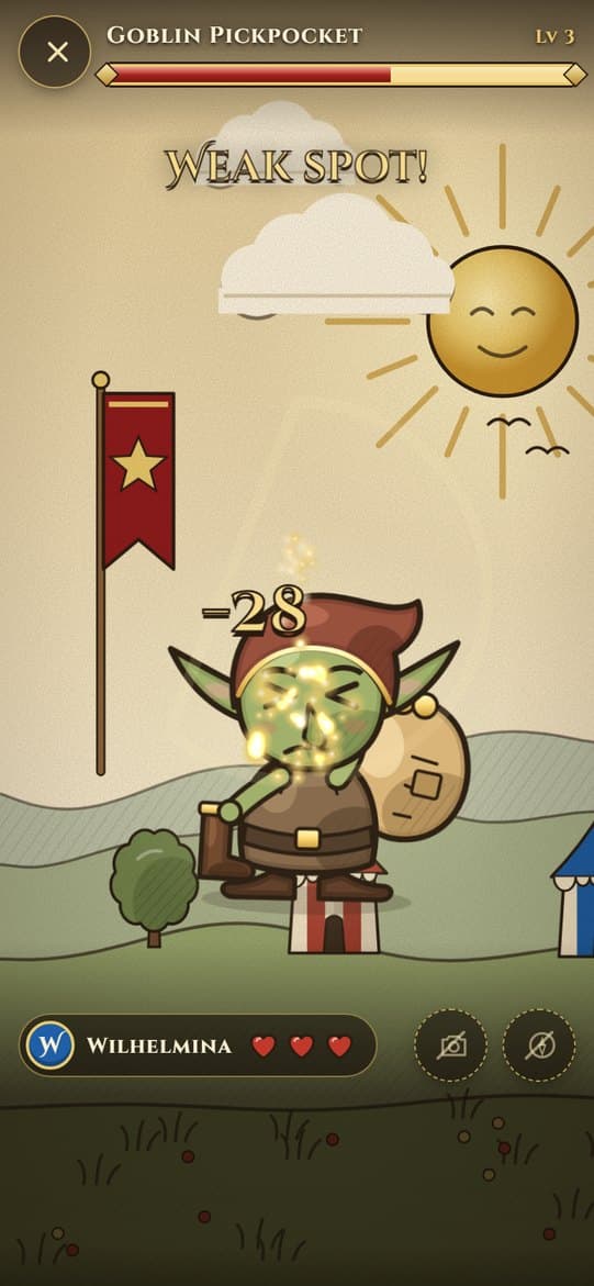A beast encounter: a goblin pickpocket on a painted field, a weak-spot hit for 28 damage and the hero's three hearts