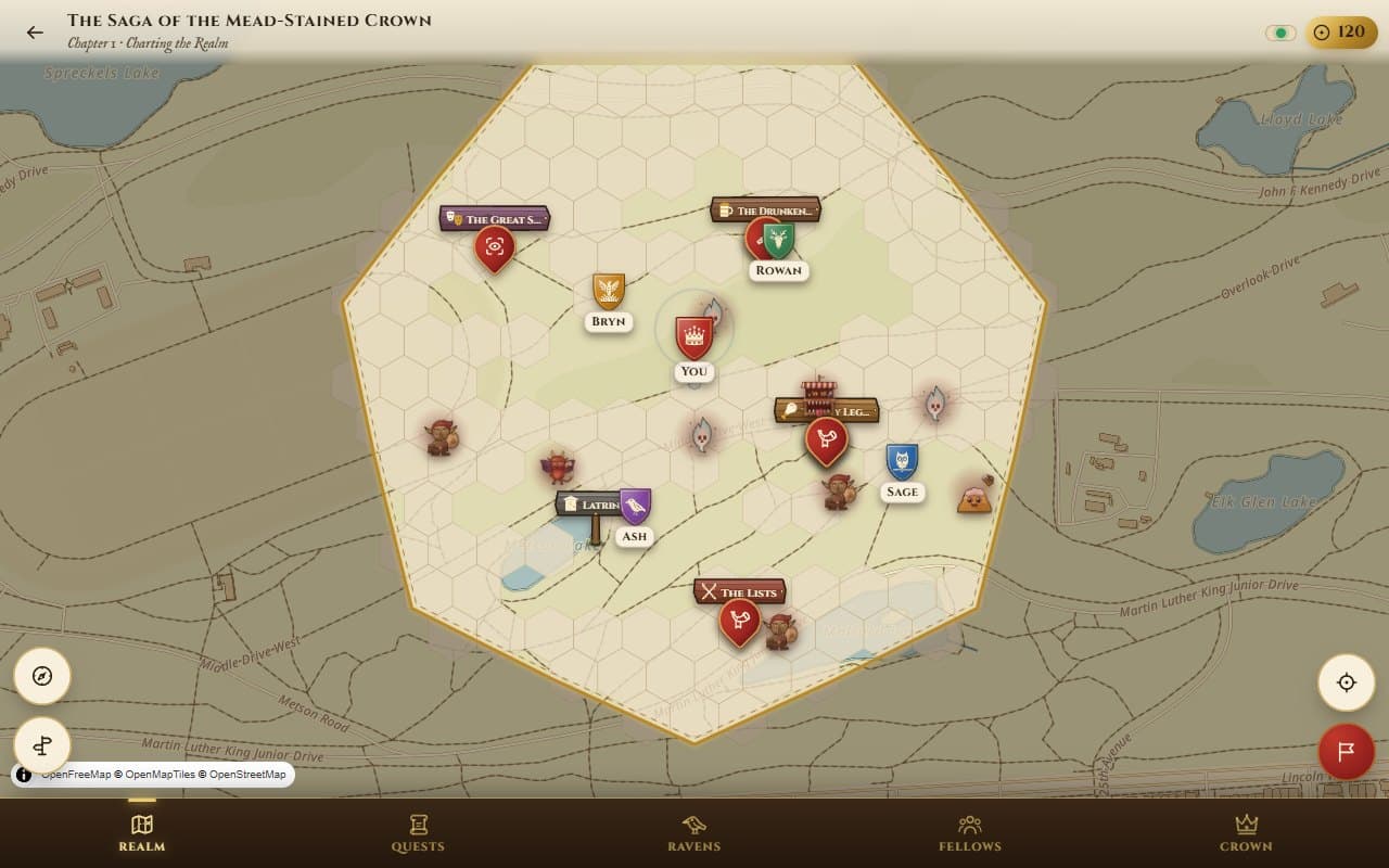 MadCoolQuest's realm on a parchment map of a park: a gold border, hex fog, carved signposts for the tavern, latrines, stage, food and lists, heroes' shields and lurking creatures