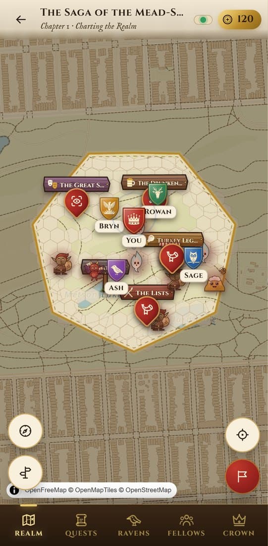 The realm on a phone: the party's shields, landmark signposts and mission seals on the parchment map, with the Realm, Quests, Ravens, Fellows and Crown tabs