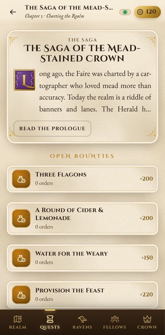 The Quests tab: the saga's illuminated prologue and open bounties with their orders