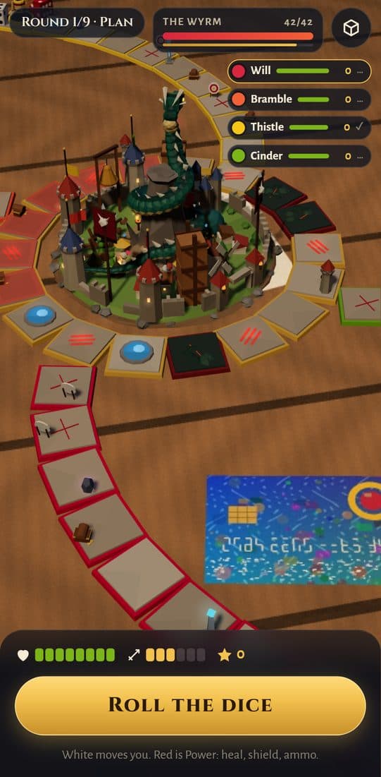 The phone view in AR: the citadel and the wyrm standing on the table next to a card used as a seat anchor, the wyrm's health bar and four players at the top, and a Roll the dice button