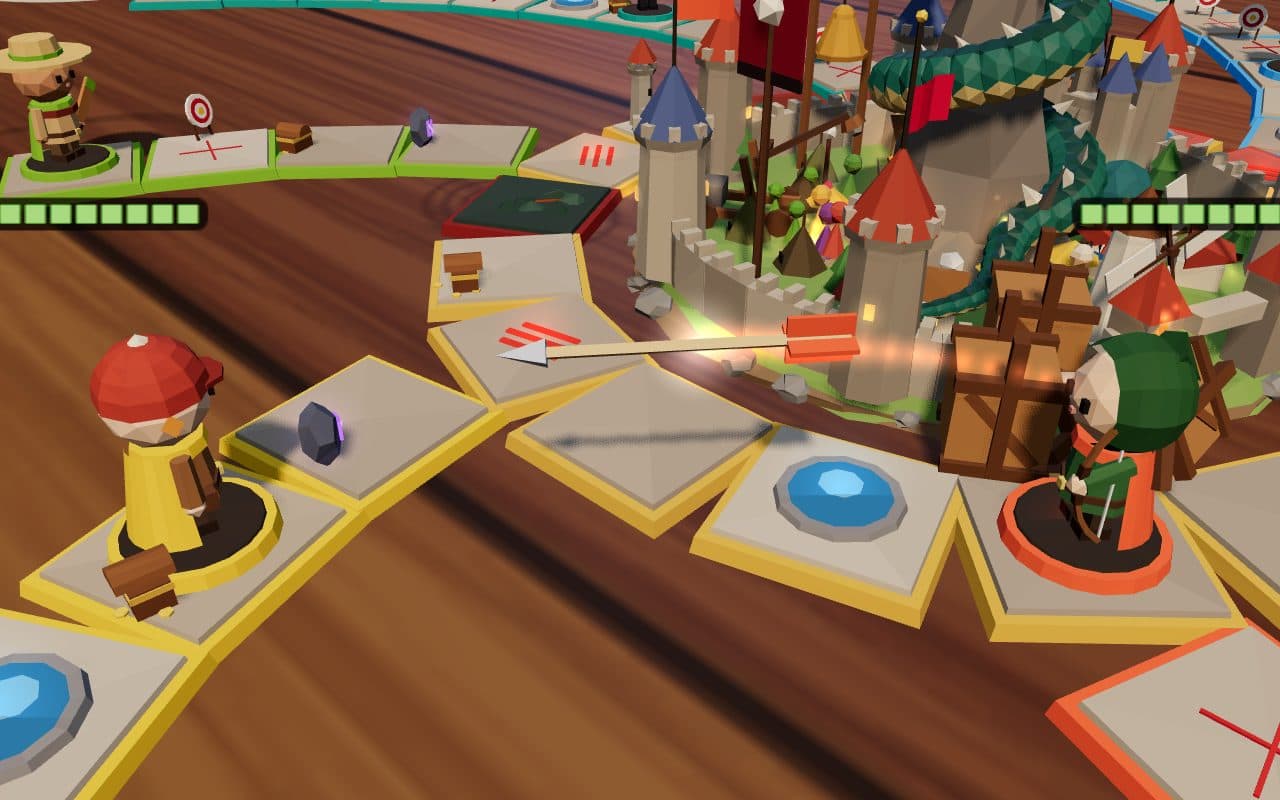 An arrow in flight between two heroes on the ring of squares round the citadel