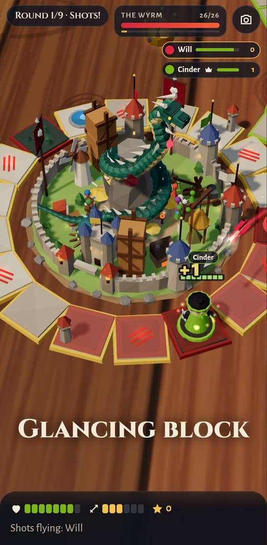An arrow landing on a hero beside the citadel with the words Glancing block, the wyrm coiled round the central rock, and the players' health bars