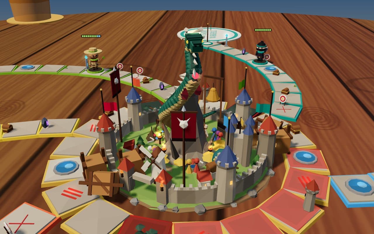 Close on the ruined citadel: towers, banners and a windmill inside the walls, the wyrm rising from the rock at its centre, and two heroes on the paths behind