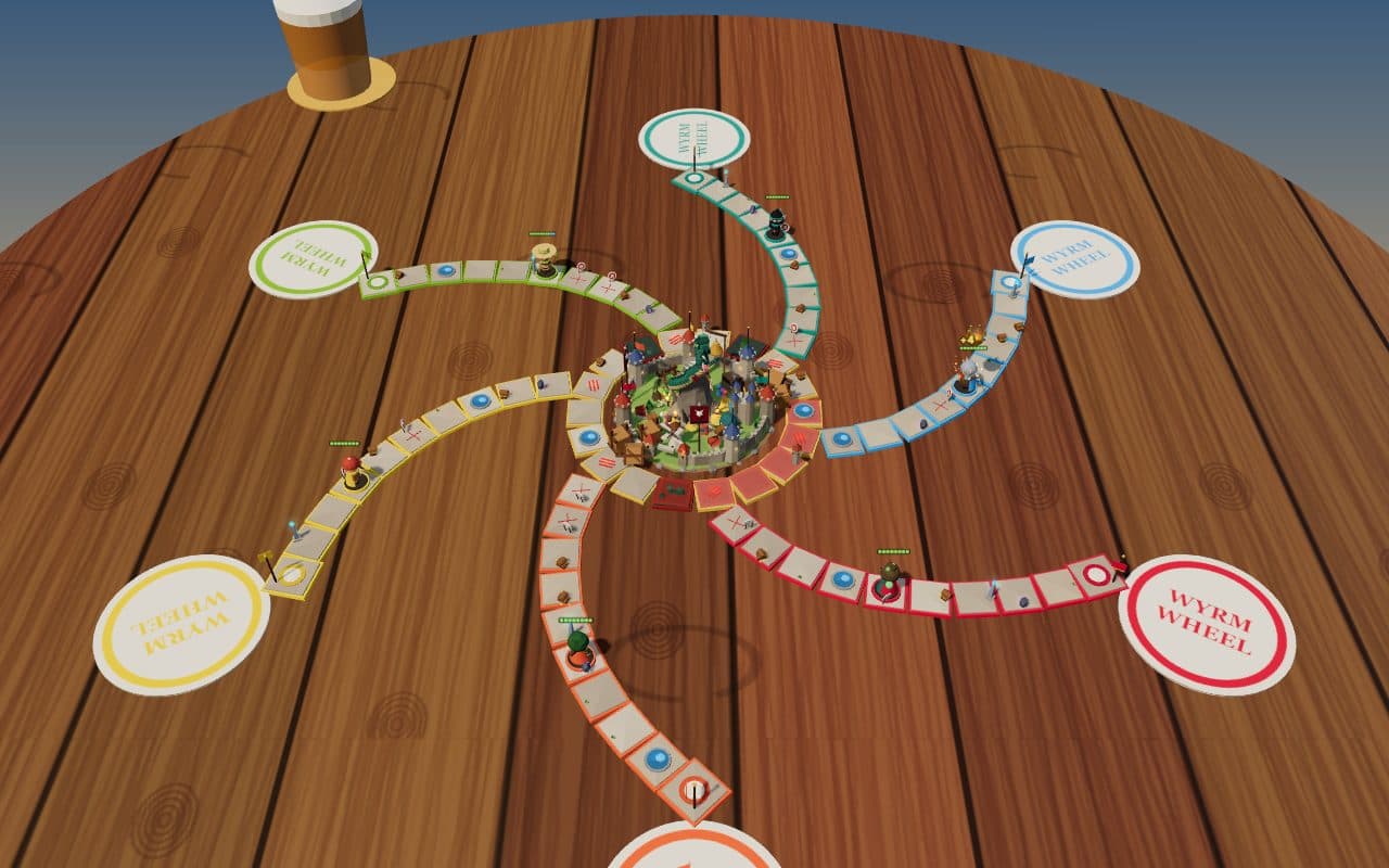 A WYRMWHEEL board on a round wooden pub table: six coloured spiral paths run from six seat coasters into a walled citadel at the centre, with a small hero figure on each path and a pint at the edge