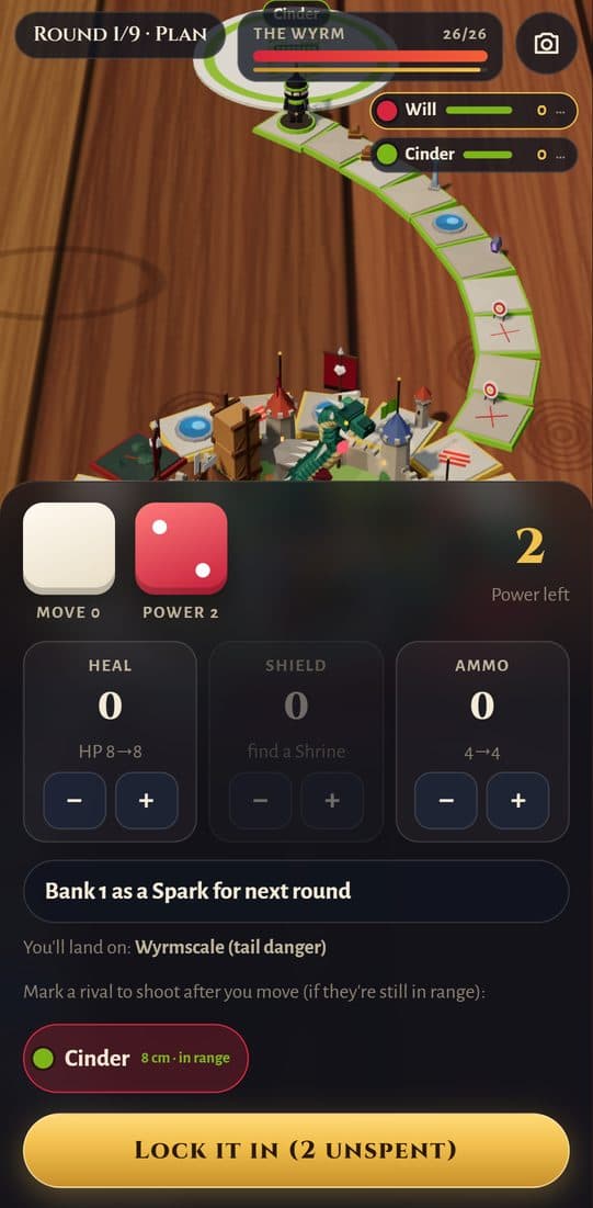 The plan screen: a move die and a power die, buttons to spend power on heal, shield and ammo, the square you will land on, and a rival marked as in range