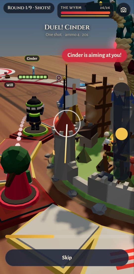 A duel from over the shoulder: the camera behind a hero aiming at a rival called Cinder, a warning that Cinder is aiming back, and a lob-to-flat slider for the arc