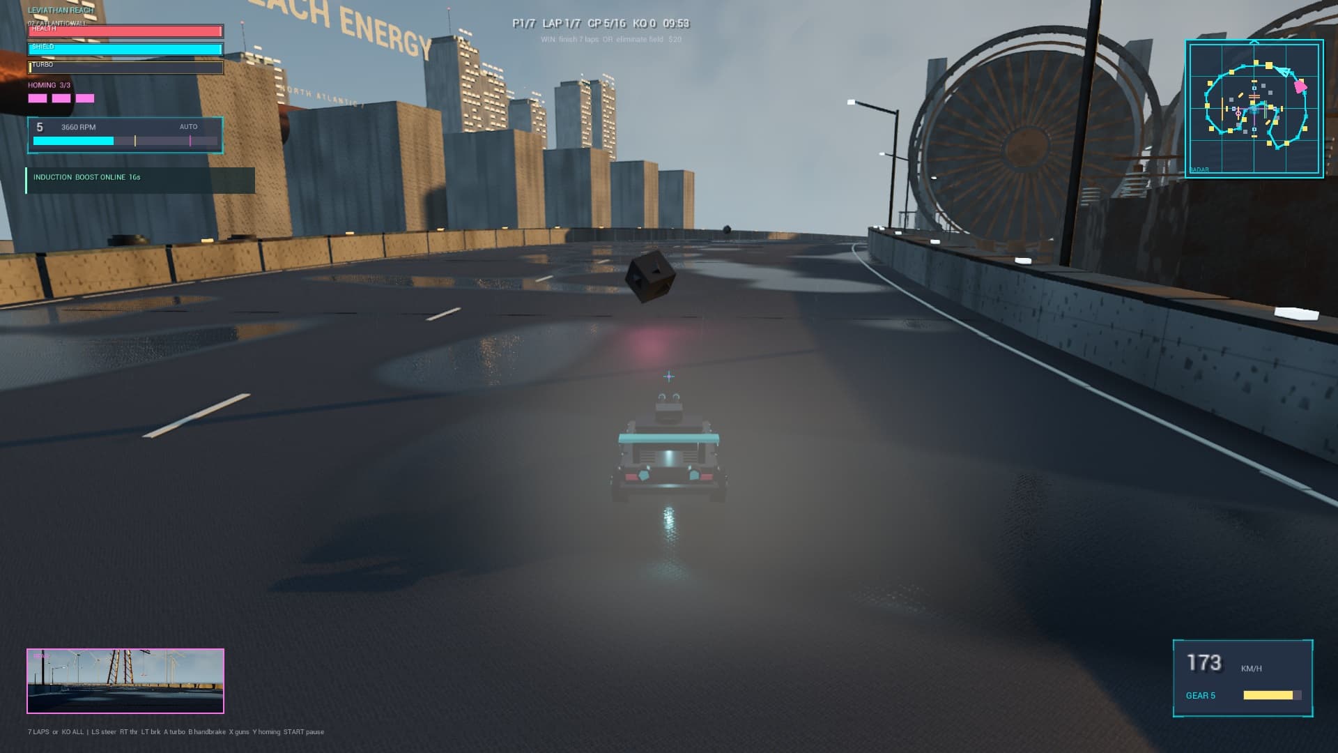 Jackknife racing the Atlantic Wall in WRECKNET 1.1, with the induction timer and circuit radar visible