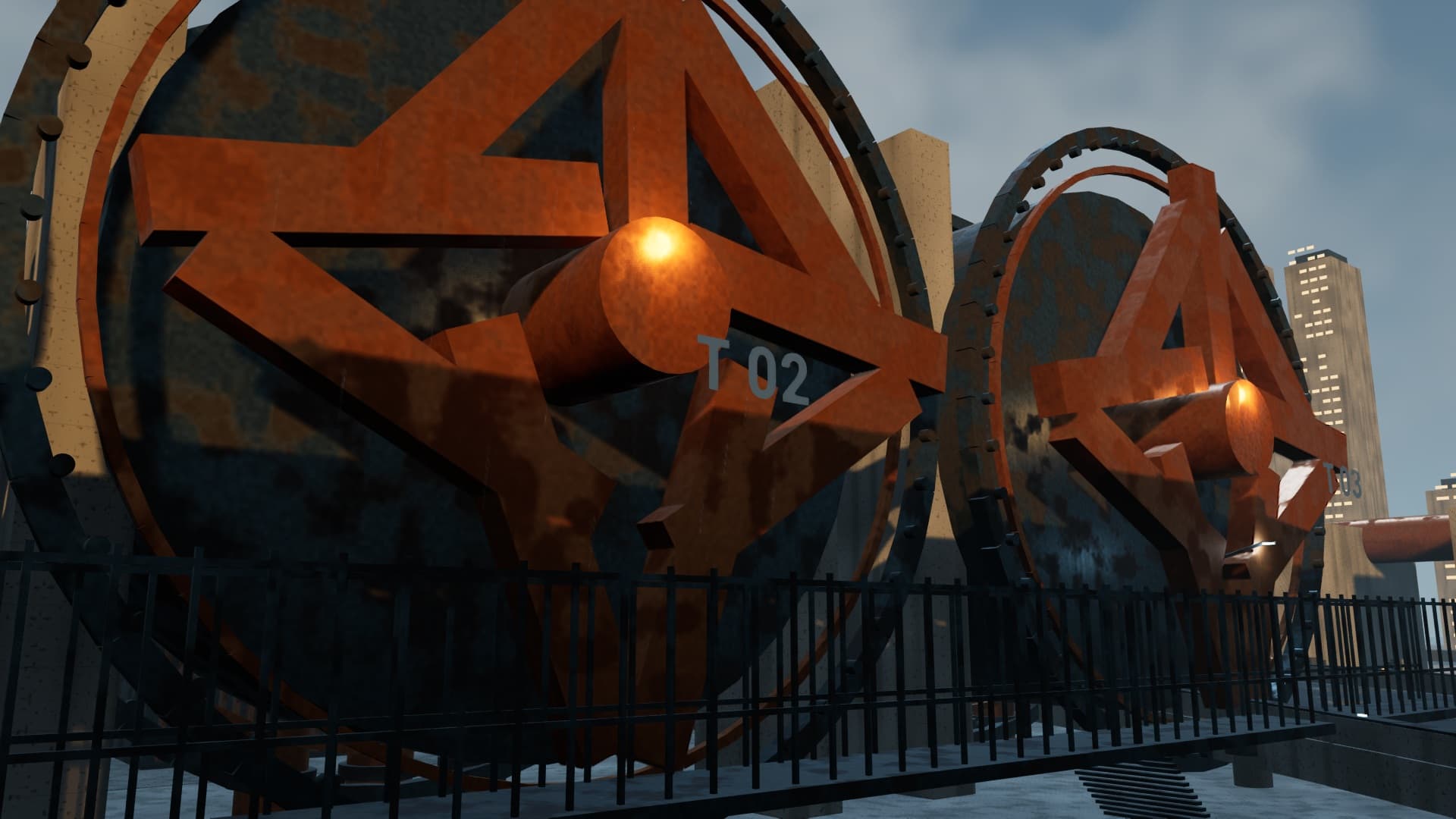 Rotating industrial turbines and maintenance catwalks in Leviathan Reach